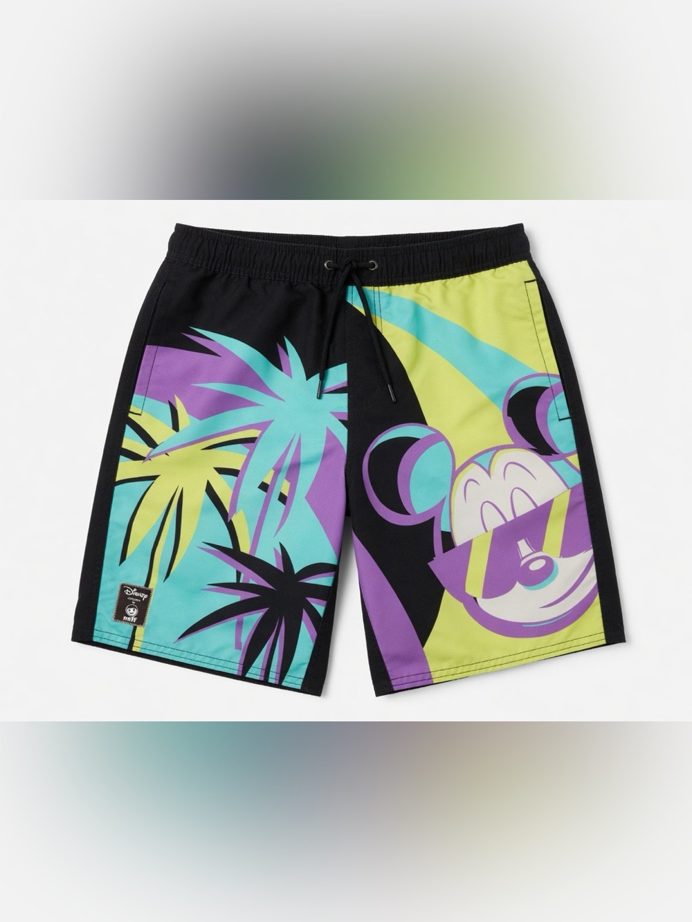Men's Small Neff Mickey Mouse Tropical Print Swim Shorts - Black & Lime